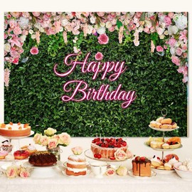 Happy Birthday Backdrop Banner Sign Poster Pink Green Birthday Banner Party Supplies Photography Background for Women Girls Kid Gifts Table Decorative 7x5ft