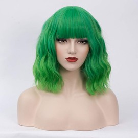 Cying Lin - Peluca de pelo corto ondulado ondulado con flequillo verde degradado para mujer, Cosplay Halloween Pelucas resistentes al calor Bob Party peluca (Z#Ombre Verde)