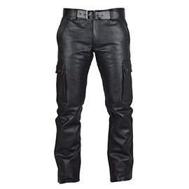 Men's Real Black Leather Pants Cargo 6 Pockets Pants Bikers Jeans Leather Trousers