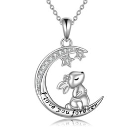 YFN Rabbit Necklace Sterling Silver 925 Chain with Pendant Moon Rabbit Zirconia for Women Mother Girlfriend Girls, Sterling Silver, Cubic Zirconia