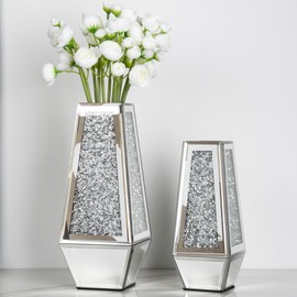 SHYFOY Crushed Diamond Mirrored Vases Set of 2, Silver Glass Flower Vases for Table Home Decor Crystal Vases for Dried Flowers Centerpieces - Can’t Hold Water