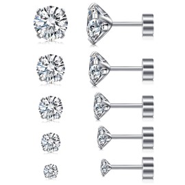 AceFun 5 Pairs Ear Studs 16g Flatback Earrings Stainless Steel Cubic Zirconia 3mm 4mm 5mm 6mm 7mm Helix Cartilage Tragus Earrings Silver Rosegold Gold