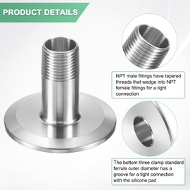 M METERXITY 1-Pack Tri Sanitary 2 in Clamp Fittings to 1/2 in NTP Male Thread Stainless Steel Pipe Fitting for Food/Beverage/Home Brew Adapter Connector, Ferrule OD 64mm