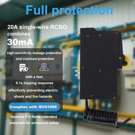 120V 20A RCBO, Residual Current Circuit Breaker with Overload and Leakage Protection, 10kA, 30mA, Single-Wire Insertion, for Home & Industrial Use, CE Certified
