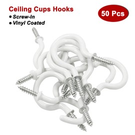 Zorveiio 50 Pcs 1-1/2'' Vinyl Coated Ceiling Hooks,White Screw-in Ceiling Cup Hooks,Self-Tapping Screw Mug Hook for Hanging Plant,Light,Wind Chimes Hooks for Kitchen