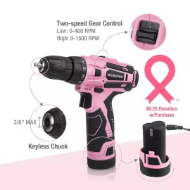 WORKPRO 12V Pink Cordless Drill Driver Set Electric Screwdriver Driver with Bag