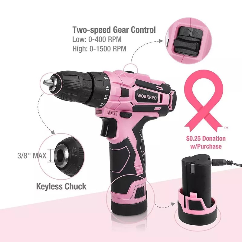 WORKPRO 12V Pink Cordless Drill Driver Set Electric Screwdriver Driver