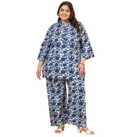 Tissu Indian Women Plus Size Pure Cotton Dark Blue Printed Shirt Kurti with Palazzo Set (T-Plus-729_Dark Blue_5XL)