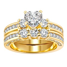 Yellow Gold Filled Three-stone Womens Wedding Ring Sets Bridal Sets Heart cut Cz Engagement Ring Wedding Bands