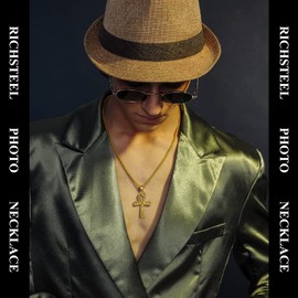 Richsteel Stainless Steel Egyptian Cross Necklace for Men Boys Religious Amulet Horus Eye Chain Ankh Jewellery for Birthday Father's Day, Stainless Steel, No Gemstone