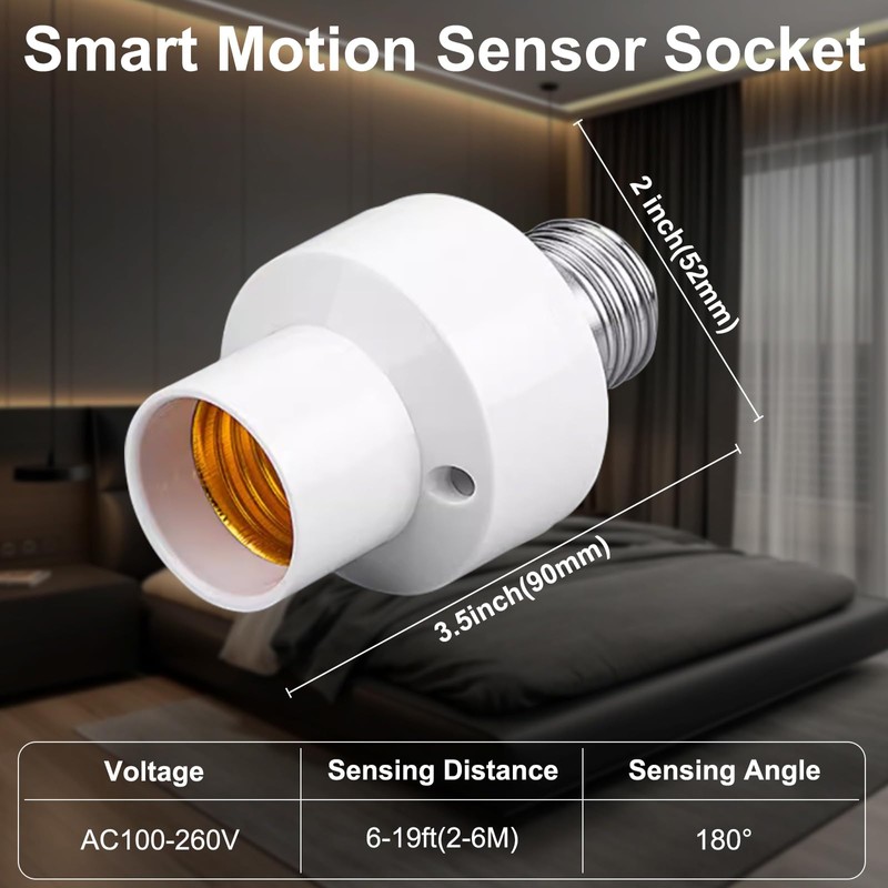 Motion Sensor Light Socket Adapter, E26/E27 Screw-in Light Sensor Sockets