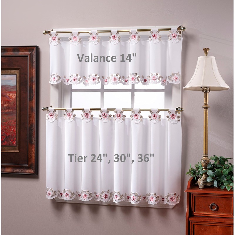 Today's Curtain Capri Reverse Embroidery Tab Top Tier 36", White/Rose,