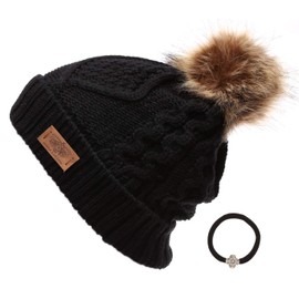 ANGELA & WILLIAM Women's Winter Fleece Lined Cable Knitted Pom Pom Beanie Hat with Hair Tie.(Black)