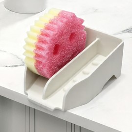 Langierspur Smiley Face Sponge Holder for Kitchen Sink, Sink Caddy Organizer with Drain Spout, Large Soap Dish, Quick Drain & Dry Sponge Rack, Dishwasher Safe Kitchen Accessories, White