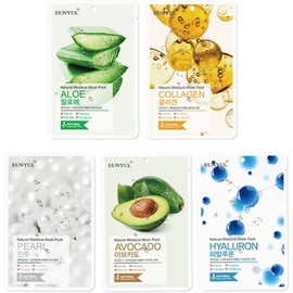 EUNYUL Paquete De 50 Paquete De Mascarilla De Hoja Natural 5 Tipos X 10 Set/Aloe, Colágeno, Perla, Hialuron, Aguacate