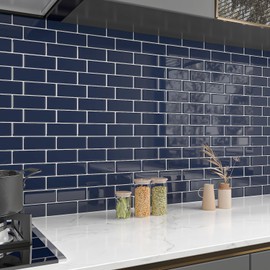 CHIHUT 16 Sheets Navy Blue Glossy Subway Peel and Stick Backsplash Tiles 12''x12'' Waterproof Self Adhesive Peel and Stick Tile for Backsplash Fireplace Surround 3D Removable Stick on Wall Tiles