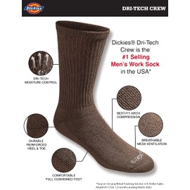 Dickies Men's Dri-Tech Essential Moisture Control Crew Socks Multipack, Essential Worker Brown (6 Pairs), Large