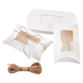 BENECREAT 20Pcs Sweet Pillow Favour Boxes, 6.7x4.3x1.6 inch White Kraft Pillow Boxes with PVC Clear Windows and 10m Jute Cord for Wedding Party Chocolates Sugars Biscuits