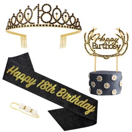 POPOYU 18th Birthday Tiara and Sash,Black Gold 18th Birthday Crown,Birthdays Princess Sash,Sweet 18 Birthday& Sash for for Her Girls Birthdays Accessories Gifts Party Costume Decoration