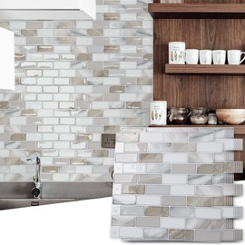 Art3d 10-Sheet Peel and Stick Backsplash Tile for Kitchen - 12”×12” Stick on Wall Tile for Kitchen Bathroom Countertop Living Room, Beige & White