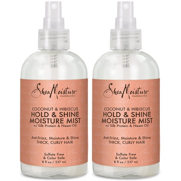 Shea Moisture Coconut Hibiscus Hold & Shine Daily Moisture Mist w/Silk protein & Neem Oil 8 oz, Thick, Curly Hair, Sulfate Free & Color Safe, Pack of 2