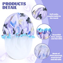 Lawie 4 PACK Large Waterproof Satin Shower Caps Adjustable Bath Hair Caps Silky Fabric Lined Bathing Hair Cover Wraps Bonnets Hair Protector for Women Girls (Butterfly Colors)