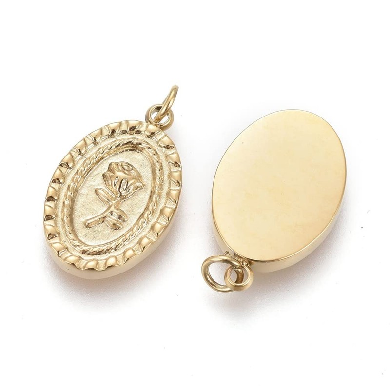 Clotiry 10Pcs Flat Oval Charms with Rose Pattern Stainless Steel