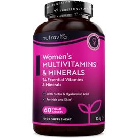 Women's Multivitamins and Minerals for 2 Months of Supply, Essential Active Vitamins and Minerals with Hyaluronic Acid - 60 Vegan Tablets, No Synthetic Fillers or Binders, Made in The UK by Nutravita