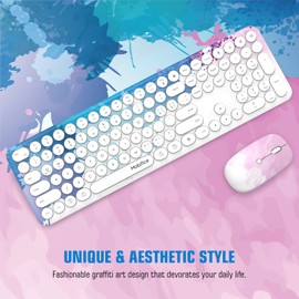 Mobifice Graffiti Blue 2.4G Cordless Full-Sized Computer Keyboard and Mouse Set Cute Wireless Keyboard Mouse Combo, with Colorful Retro Round Typewriter Keyboard for Windows, Laptop, Desktop, PC