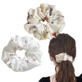 shefun JP313 Scrunchies, Adults, Satin, Flower, White, Beige, Set of 2, Women's, Stylish, Work, Cute, Hair Accessories, Hair Scrunchies