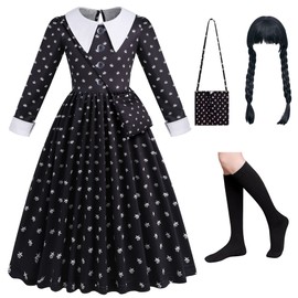 WIOLETA Girls Black Costume Black Costume With Wig, Bag, Socks For Girls 4-13 Years