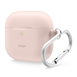 elago Compatible with AirPods 4 Case - Premium Silicone Case with Carabiner, Supports Wireless Charging, Shock Resistant, Full Protection, Headphone Accessories (Sand Pink)