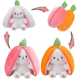 Cuddly Bunny Stuffed Animal, Kawaii Squishy Cute Easter Bunny Plush Turn Into Rabbit Fruit Doll Carrot Strawberry Pillow, Plushies Funny Bunny Toy for Baby:_Strawberry Carrot Ribbit_7inch