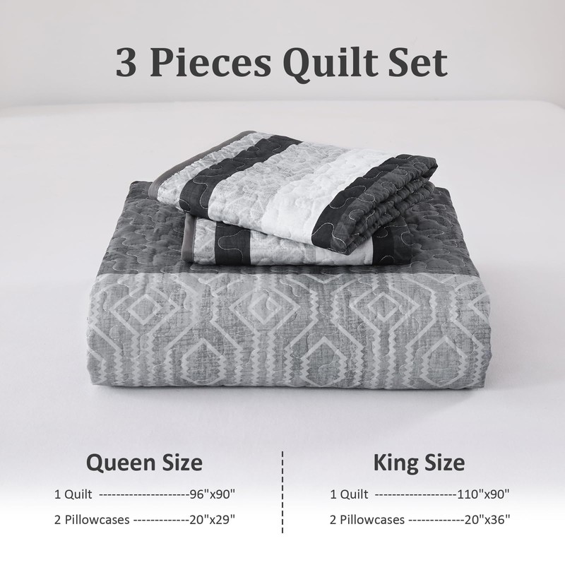 Dobuyly Grey Queen Quilt Set, Boho Bedspread Queen Size, Striped