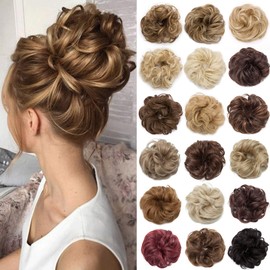 S-noilite Hair Bun Extensions Messy Wavy Curly 2 Pieces Dish Donut Scrunchie Hairpiece Accessories Chignons Updo Ponytail Synthetic Hair Extension for Women Girl - 60G Light Brown & Ash Blonde