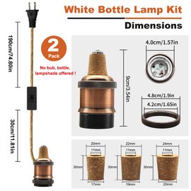 Bottle Lamp Kits, 2 Pack Bronze Bottle Lamp Adaptor Kit, Lamp Kits Do it Yourself, E27 Ceramic Lamp Holder with 95 in Plug and Switch, Brass Table Lamp Kit, Lamp Making kit, with 3 Sizes of Stoppers