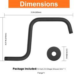 HarJue S Shaped Shower Arm, High Rise Shower Head Extension Pipe Standard 1/2" Connection with Flange, Awesome Shower Experience-Stainless Steel Bathroom Accessory(13 Inch Z-S Shape, Matte Black)