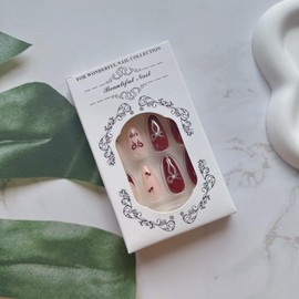 Almond Press on Nails Wine Red French Tip Fake Nails Cherry Bow Pearls Designs Full Cover Stick on Nails Glossy Medium Length Acrylic Artificial Nails Y2K Glue on Nails for Women Girls Nail Decor