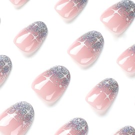 French Pink Press on Nails Short Oval, Summer Fake Nails with Sparkly Silver French Tips Designs, Glossy Gel Finish Acrylic Nails, Thick Reusable Glue on Nails Kit for Women, 24Pcs, Silver Blessing