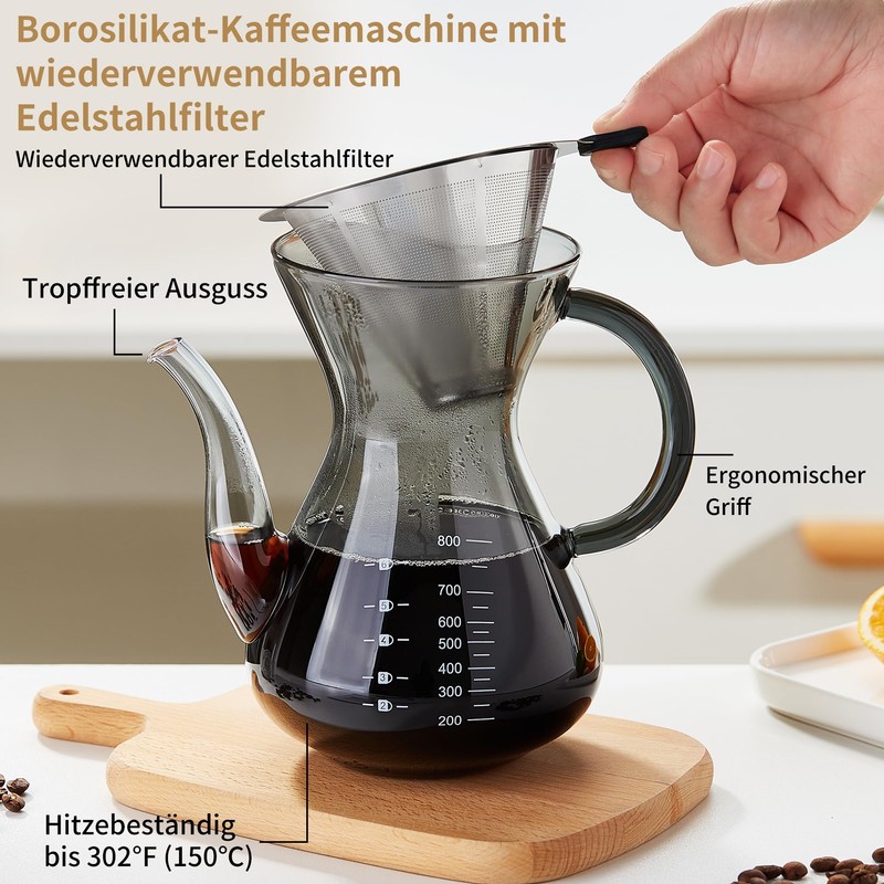 MESNEY Handfilter Kaffeekanne 800ml – Glas Kaffeebereiter mit Edelstahlfilter, Wiederverwendbarer