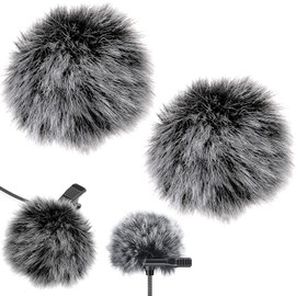 Febbya Lavalier Microphone Windscreen with Fur, 2 Universal Fur Wind Protection for Microphone, Furry Windscreen & Mini Pop Filter for Lapel Microphones, Soft, Sound-Absorbing, 5 x 5 cm, gray