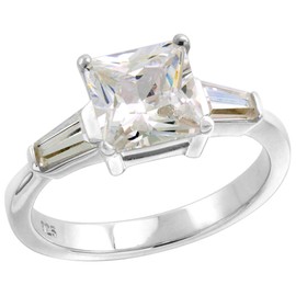 Sterling Silver CZ Tapered Baguette 3-Stone Princess Cut Engagement Ring for Women 2 ct Size 6