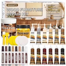 REHOUPTY Wood Furniture Repair Kit, All-in-One Laminate Floor Repair Kit - Wood Putty, 12 Colors Wood Filler & 8 Colors Furniture Markers and Beeswax, Wood Repair for Scratch Cracks Hole Discoloration