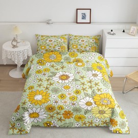 Vintage Floral Comforter Set Twin Size,Boho Spring Fresh Flowers Bedding Comforters Bedroom Decor,Trippy Hippie Groovy Botanical Microfiber Duvet Set for Kids Teens,2 Pcs