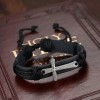 Syrios Gifts Black Leather Bracelet with Cross, Lords Prayer, Christian