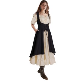 Eunchaes Women Renaissance Costume Medieval Peasant Dress Underbust Pirate Fairy High Low Dresses with Pockets(Z3884BK,3XL)