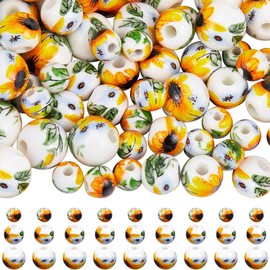 SOFPLATE 1 Box 100Pcs Ceramic Flower Beads Round Ceramic Beads Yellow Sunflower Porcelain 6mm 8mm 10mm Small Summer Floral Spacer Loose Bead for Jewelry Making Necklaces Bracelets Supplies DIY Crafts
