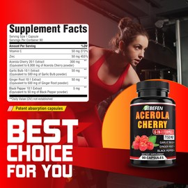 7150mg Acerola Cherry Powder Organic Capsules - Skin Health, Immune System & Cardiovascular - Blended with Vitamin C, Zinc & More - 90 Capsules for 3-Month Supply
