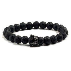 Bracelet King and Queen Crown Natural Stone Beads for Couples, Elastic Gemstone Bracelets Made of CZ Crowns King and Queen Matte Black Lava Volcanic Stone and White Howlite, Couple Gifts