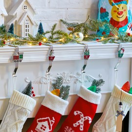 Christmas Stocking Holders for Mantles Set of 4, Colorful Stocking Hangers for Fireplaces, 4 Pack Non-Slip Stocking Hooks for Mantle, Train, Snowman, Tree, Gift Hook for Christmas Party Decorations